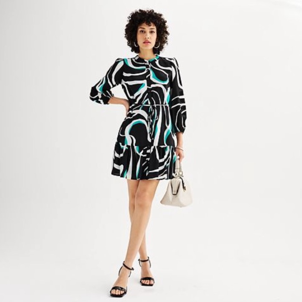 Nine West Abstract Print Long Sleeve Mini Dress